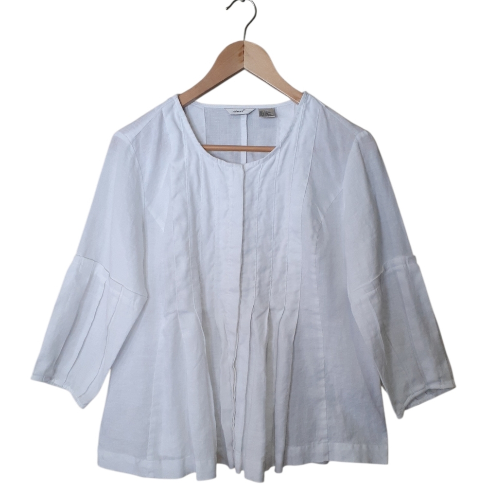 Edward Irish White Linen Peplum Top 3/4 Sleeve Pleated Large PTP 20"